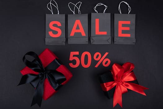 Stylish sale promotion with black and red gift boxes and shopping bags, perfect for holiday discounts.