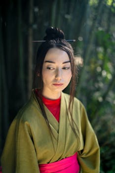 A woman in a kimono in a bamboo grove, embracing Japanese culture and aesthetics outdoors.