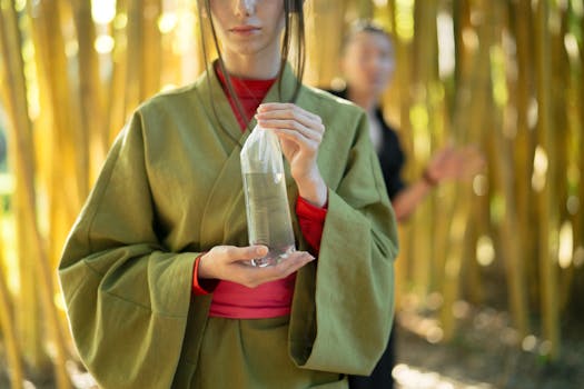 A serene scene of a Japanese woman in traditional wear holding a water bag in a bamboo grove.