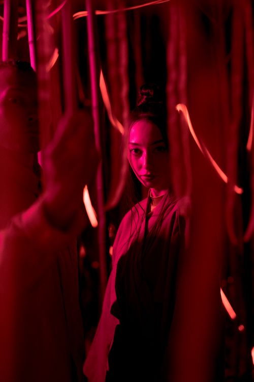Free A striking artistic portrait of a woman illuminated by red light, capturing mystery and allure. Stock Photo
