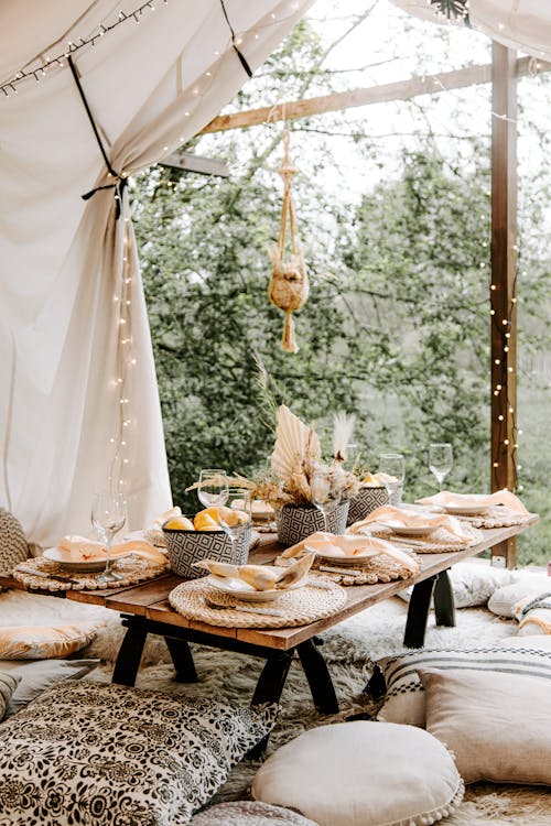 Free Boho Dinner Under Tent Stock Photo