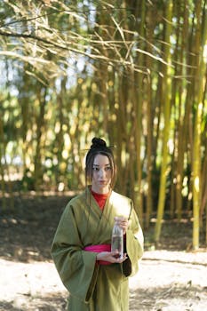 A woman in a traditional kimono stands serenely in a bamboo forest, holding a glass bottle.