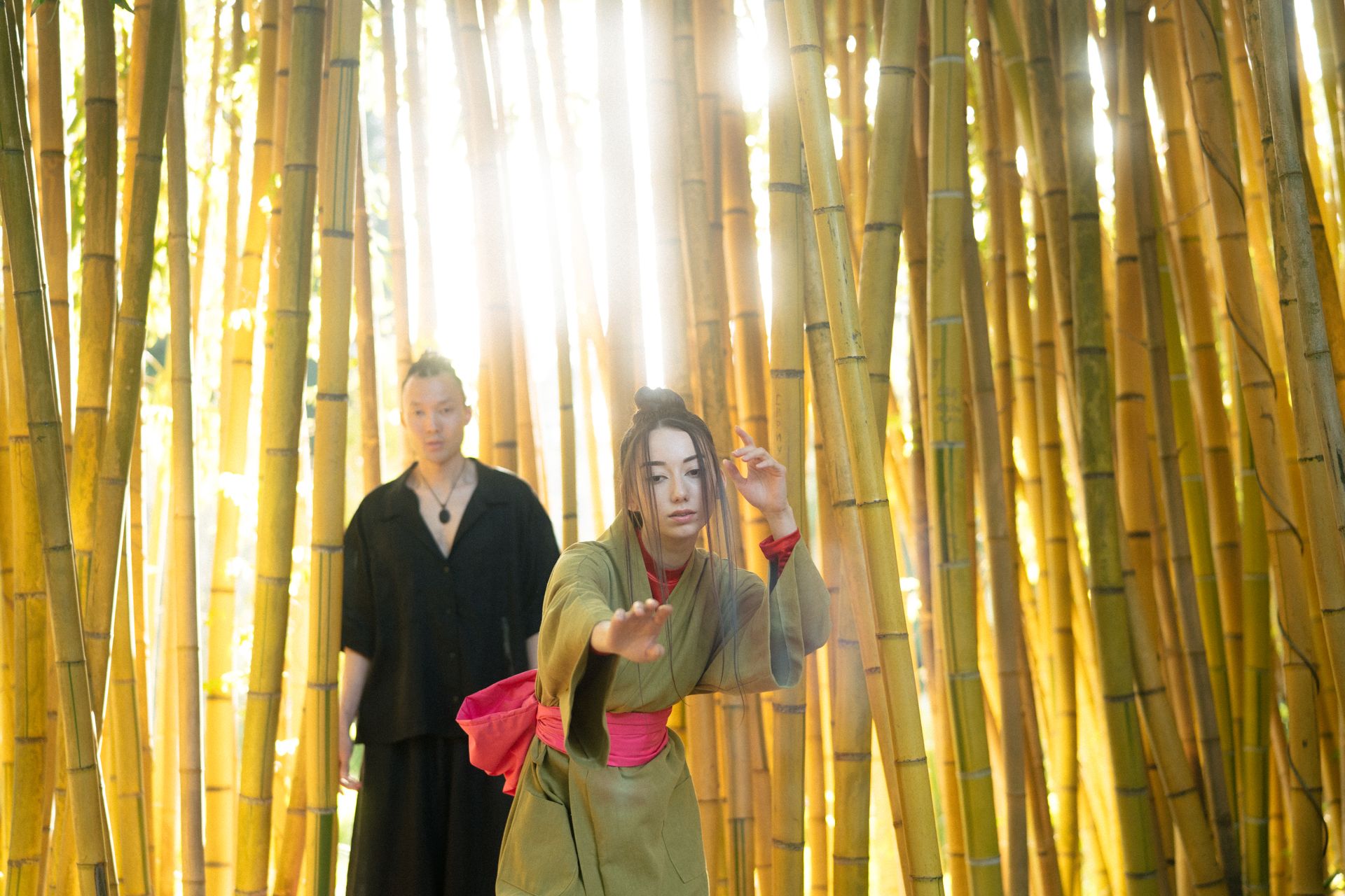 Man And Woman Standing Near Golden Bamboos