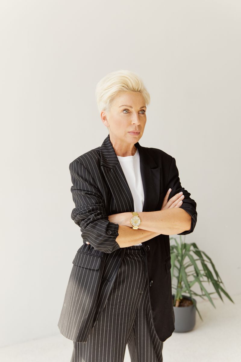 Confident businesswoman in a pinstripe suit