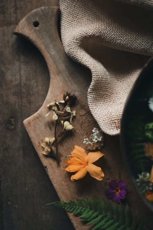 Free Top view of withered flower buds with dried stem and green leaf placed on shabby wooden cutting board near cloth Stock Photo