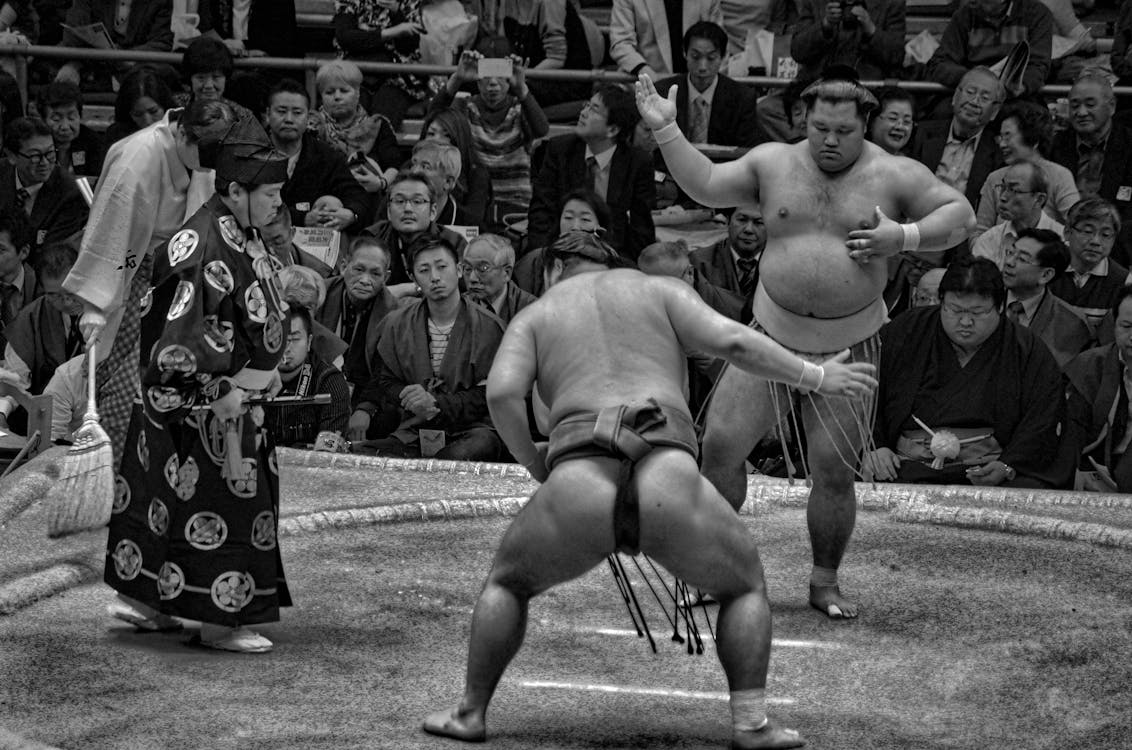 Free Grayscale Photo of a Sumo Wrestling Match Stock Photo