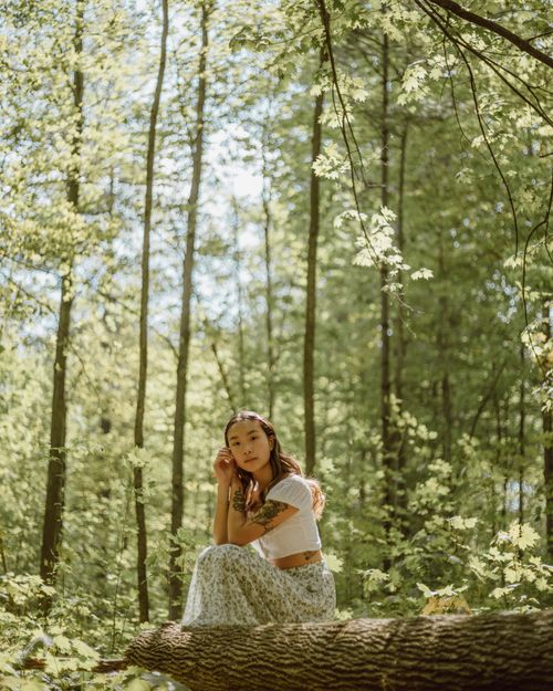 Free Peaceful ethnic female leaning on hands on trunk among tall trees growing in woodland and looking at camera Stock Photo