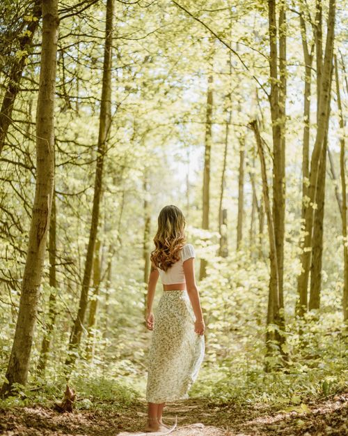Free Full body back view of unrecognizable female in maxi skirt and top standing among trees in sunny woods Stock Photo
