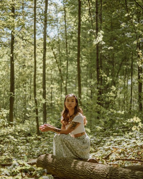 Free Side view of peaceful ethnic female with long hair sitting on fallen tree trunk among plants in sunny forest Stock Photo