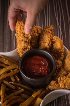 Close-up of hand grabbing fried chicken piece with fries and ketchup on a patterned surface.