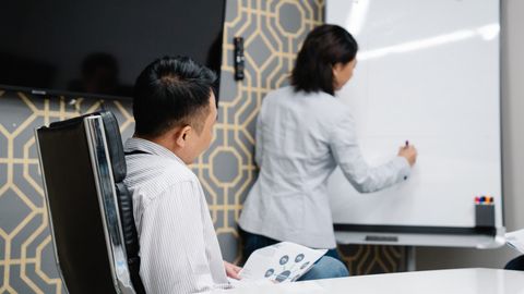 Business professionals engaging in a collaborative meeting using a whiteboard for brainstorming.