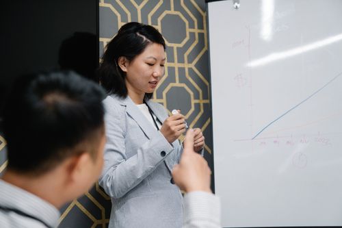 Free Business presentation with diverse professionals discussing growth chart in office. Stock Photo