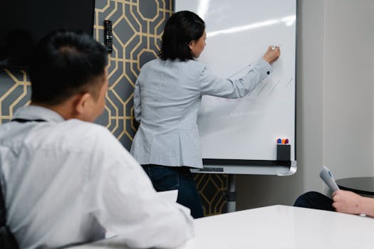 Businesswoman presenting on whiteboard during a team meeting inside a modern office.