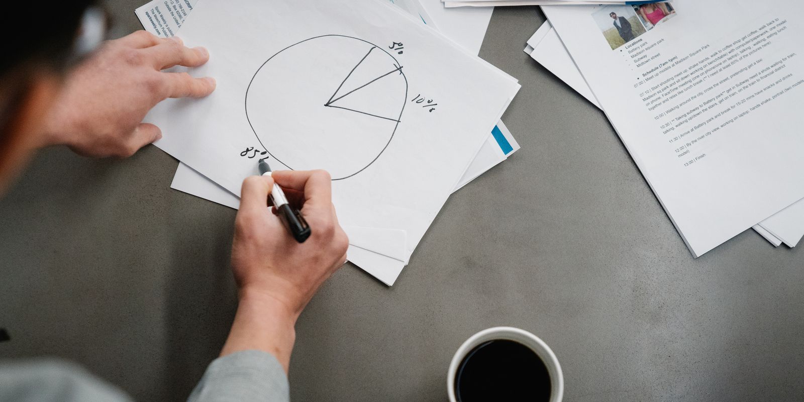A hand drawing a pie chart on paper next to a cup of coffee