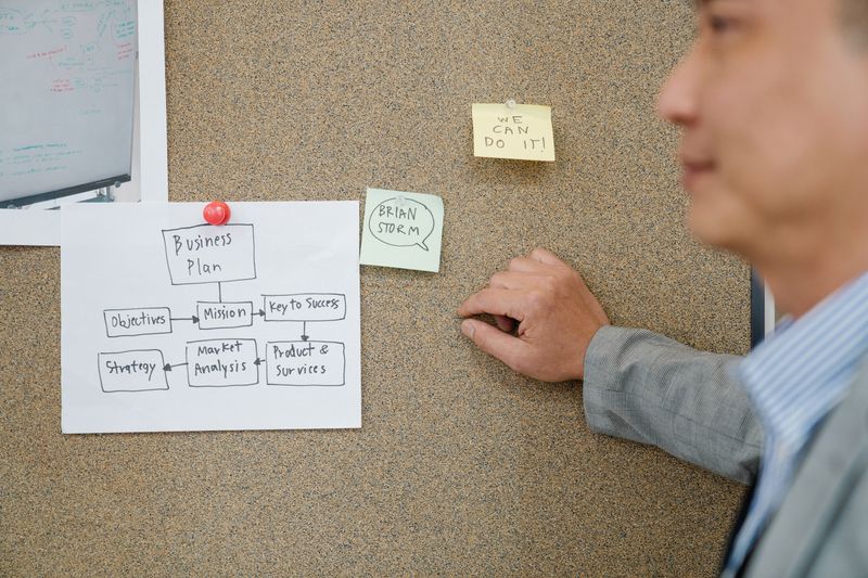 Trabajador de oficina analizando plan de negocios en tablero de corcho, impulsando el trabajo en equipo y la planificación estratégica.