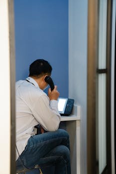 A man seated in a small booth, talking on a landline phone with a relaxed posture.