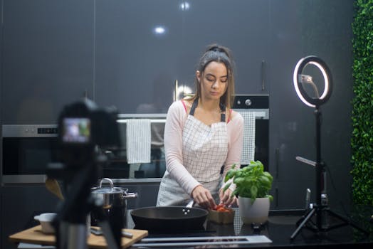 A young woman preparing a meal in a modern kitchen, filmed under professional lighting.