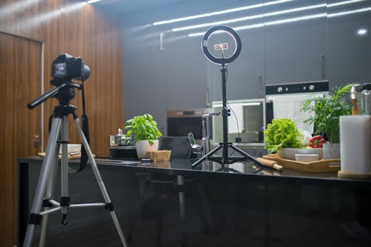 Interior of a sleek kitchen with photography equipment and fresh vegetables.