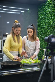 Two women preparing a meal in a stylish kitchen with green accents.