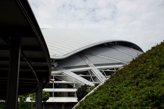 Beautiful architectural design of the Singapore National Stadium with greenery and clouds in the background.