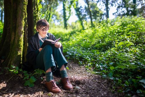Free A young boy dressed in costume reads a book under a tree in a serene forest setting. Stock Photo