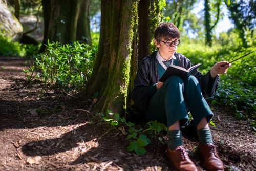 Free A young boy dressed in wizard attire reads a book in a lush forest, evoking a magical atmosphere. Stock Photo