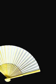 Minimalist photo of an elegant hand fan with ample copyspace on a black backdrop.