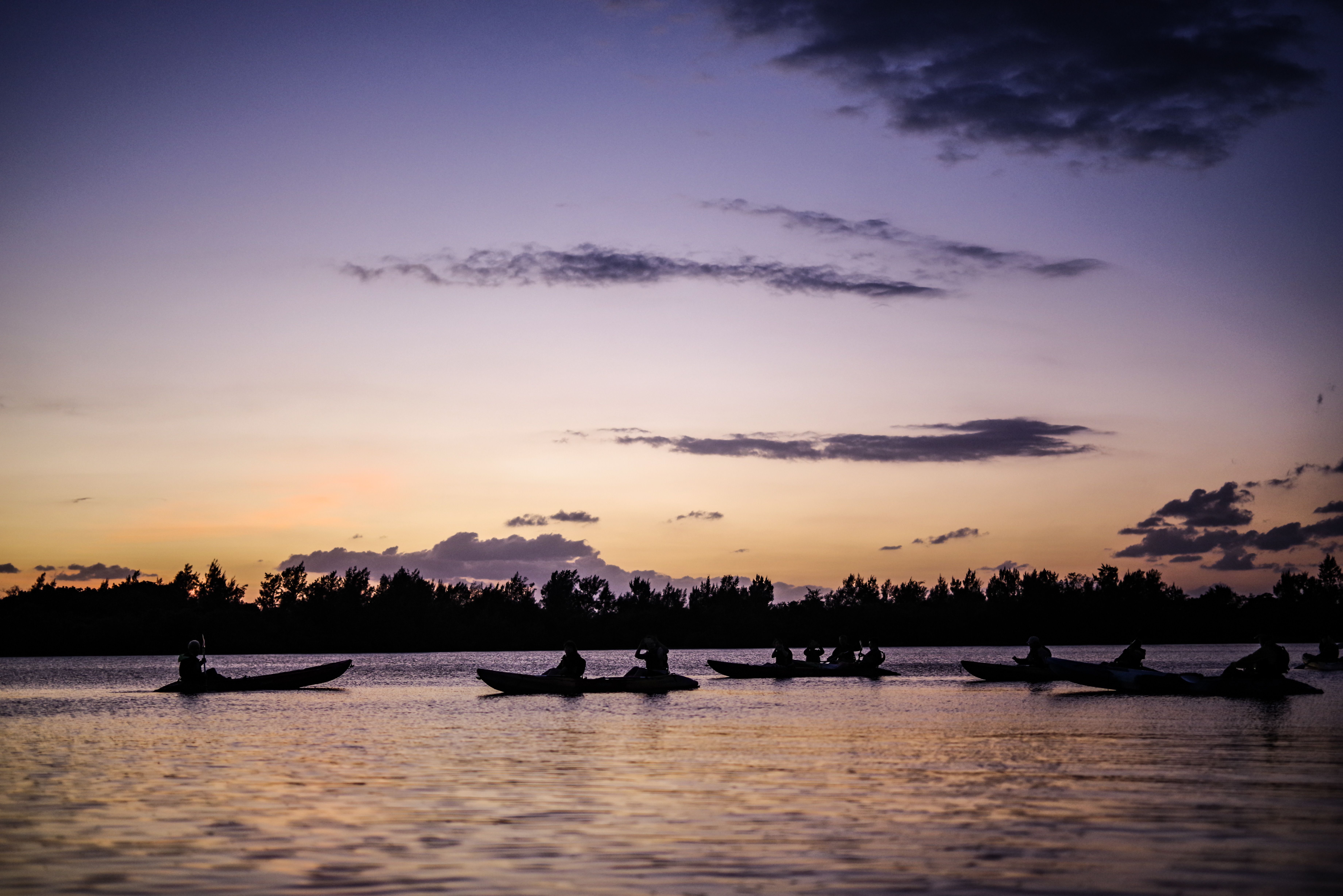 Silhouetted kayakers paddle across a calm lake at twilight, under a stunning purple and orange sky.