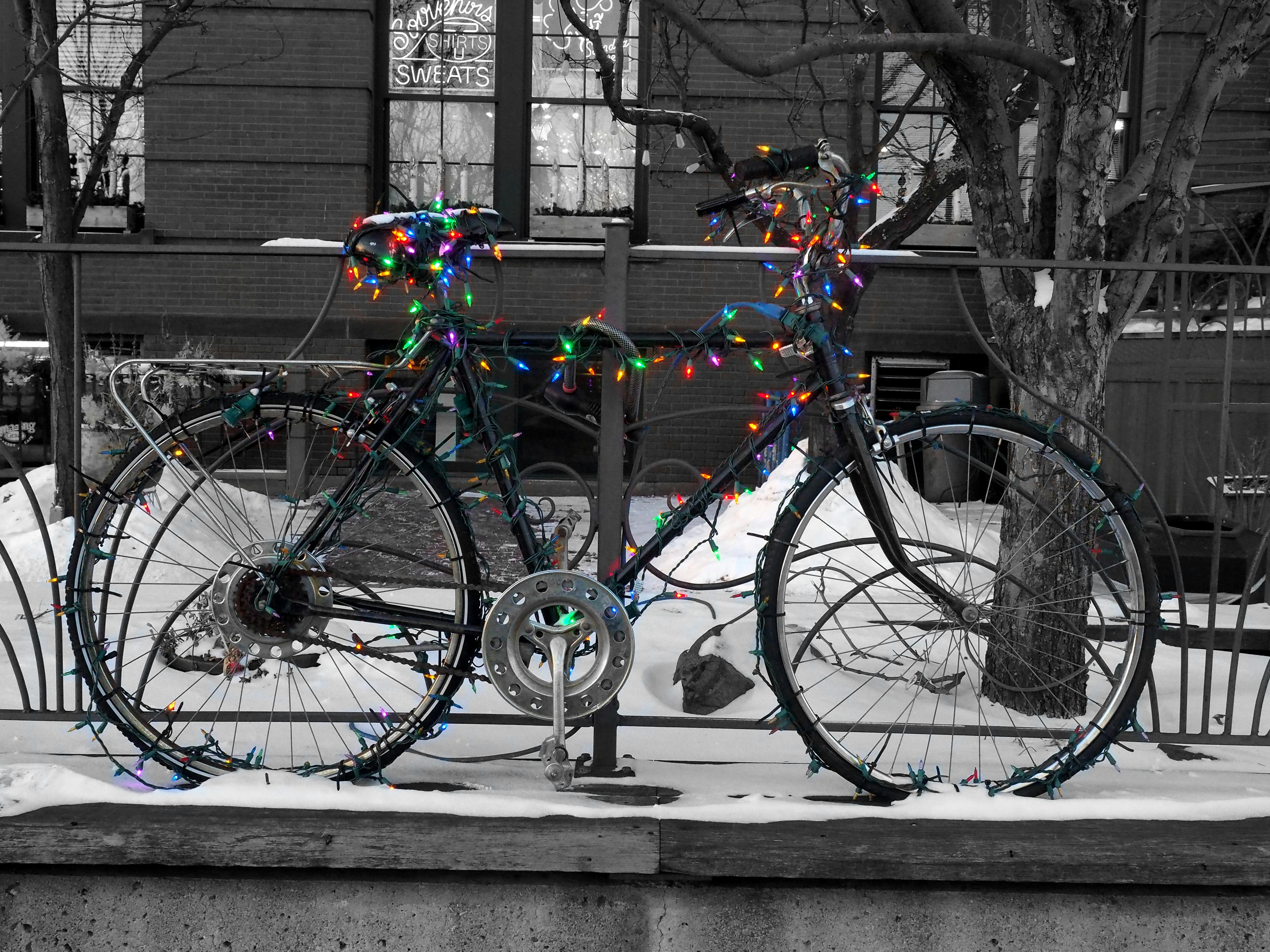 Free stock photo of bicycle, bnw, christmas lights