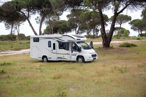 Free Captivating shot of a campervan amidst a serene field in Portugal, surrounded by trees. Stock Photo