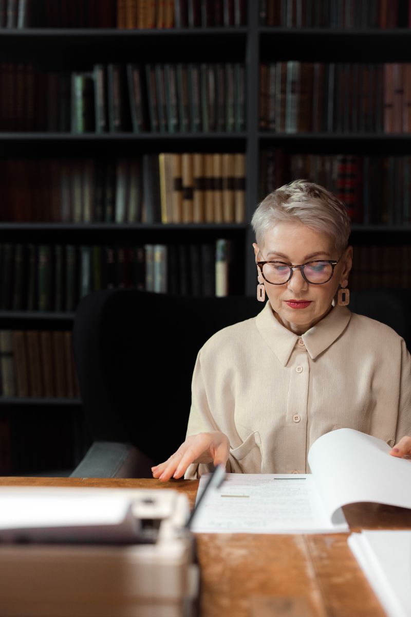 Elderly woman reading documents at a desk in a library setting.