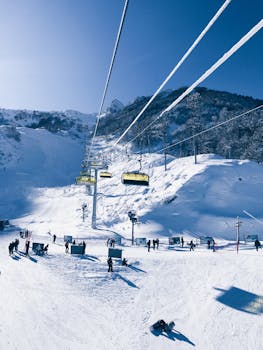 Capture of a ski lift at a snowy mountain resort in Sochi, Russia, with skiers enjoying winter sports.
