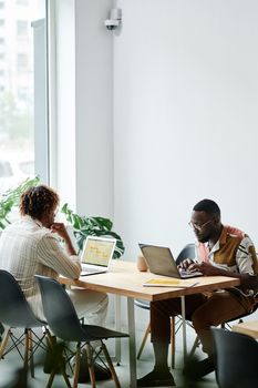 Two colleagues working with laptops in a modern office setting.