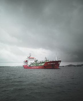 A red cargo ship docked at sea under a stormy sky, showcasing industrial water transport.