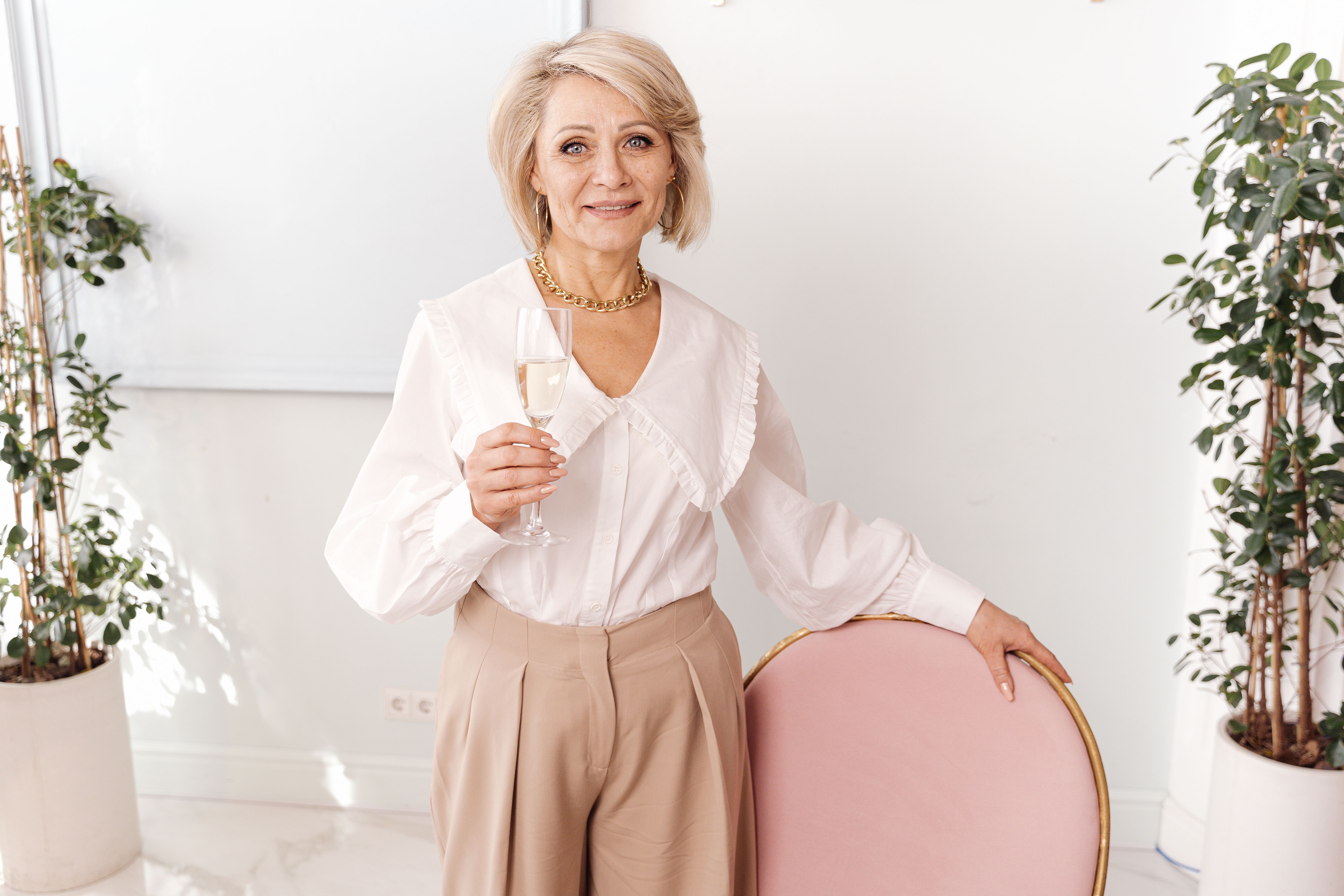 Champagne blouse with wide-leg trousers