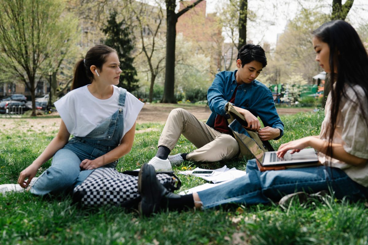 Students sitting together outdoors on the grass