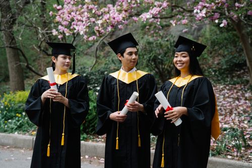 Free Three graduates in caps and gowns celebrating outdoors with diplomas in hand. Stock Photo