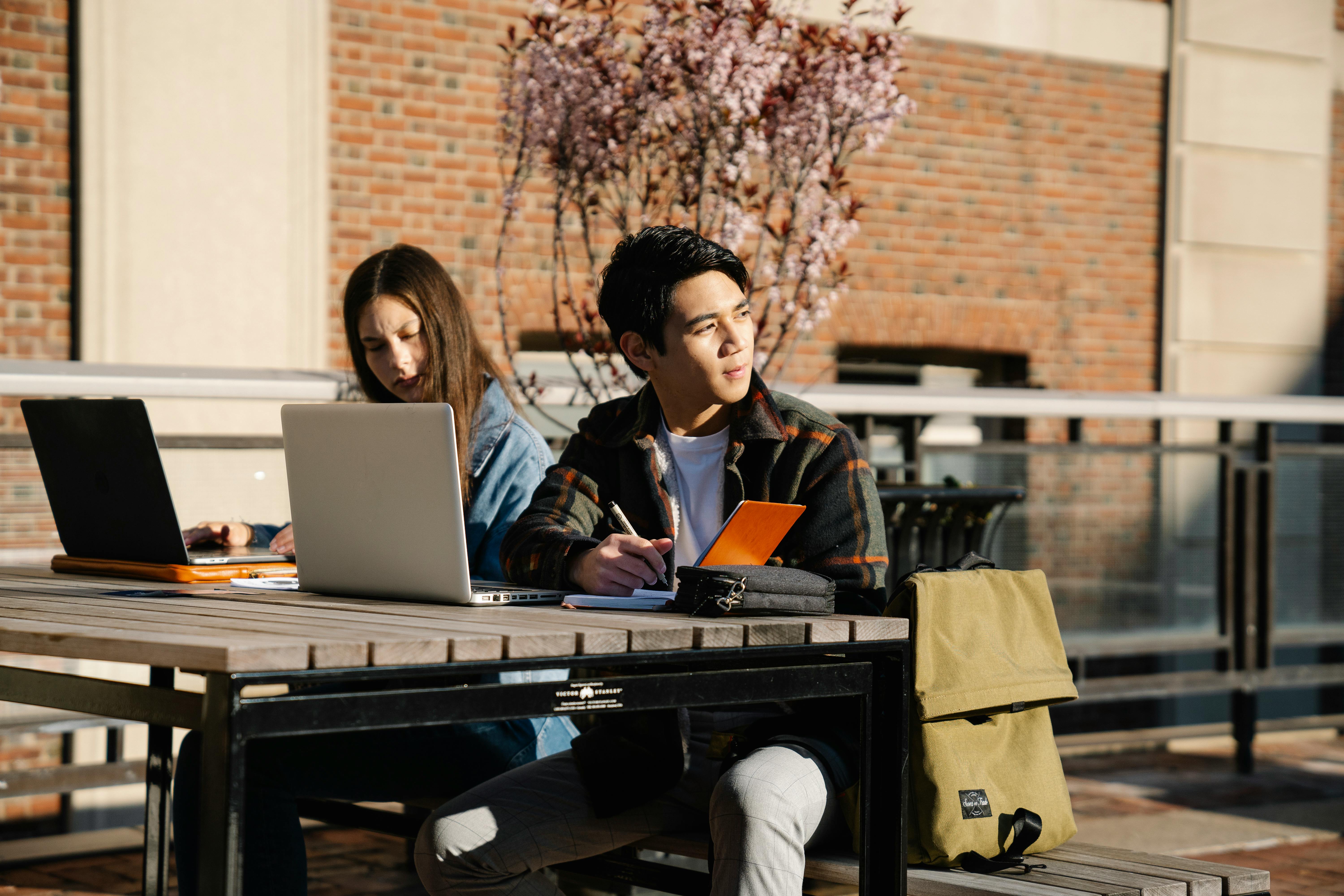 Pair of students at wooden table use laptops beside brick wall and pink trees.