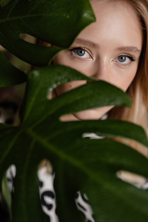 Free Leaves Covering the Face of a Woman with Blue Eyes Stock Photo