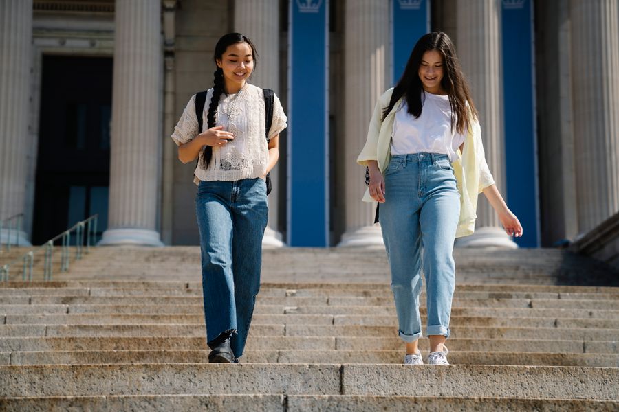 Two students walking down university steps during a bright day
