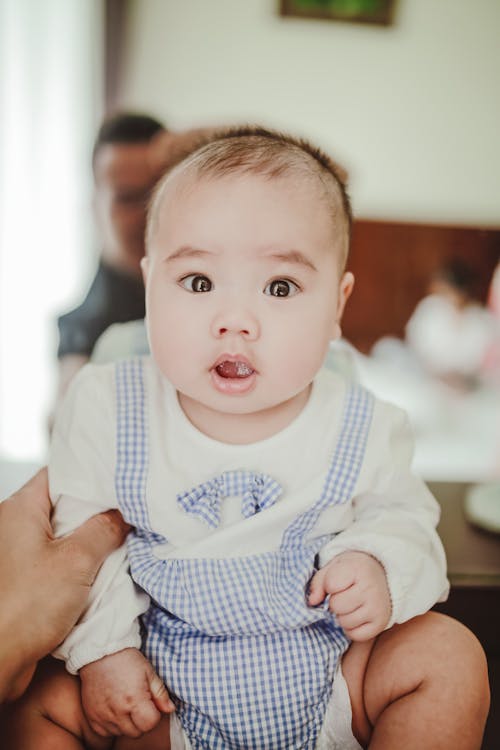 Free Crop unrecognizable parent holding adorable little baby boy wearing white and blue bodysuit sitting and looking at camera Stock Photo