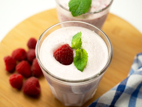 Raspberry and Yogurt Smoothie with Mint Leaves