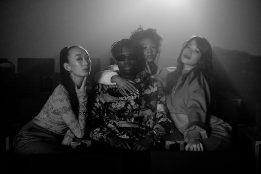 Four fashionable individuals posing in a black and white theater setting, showcasing diversity and style.