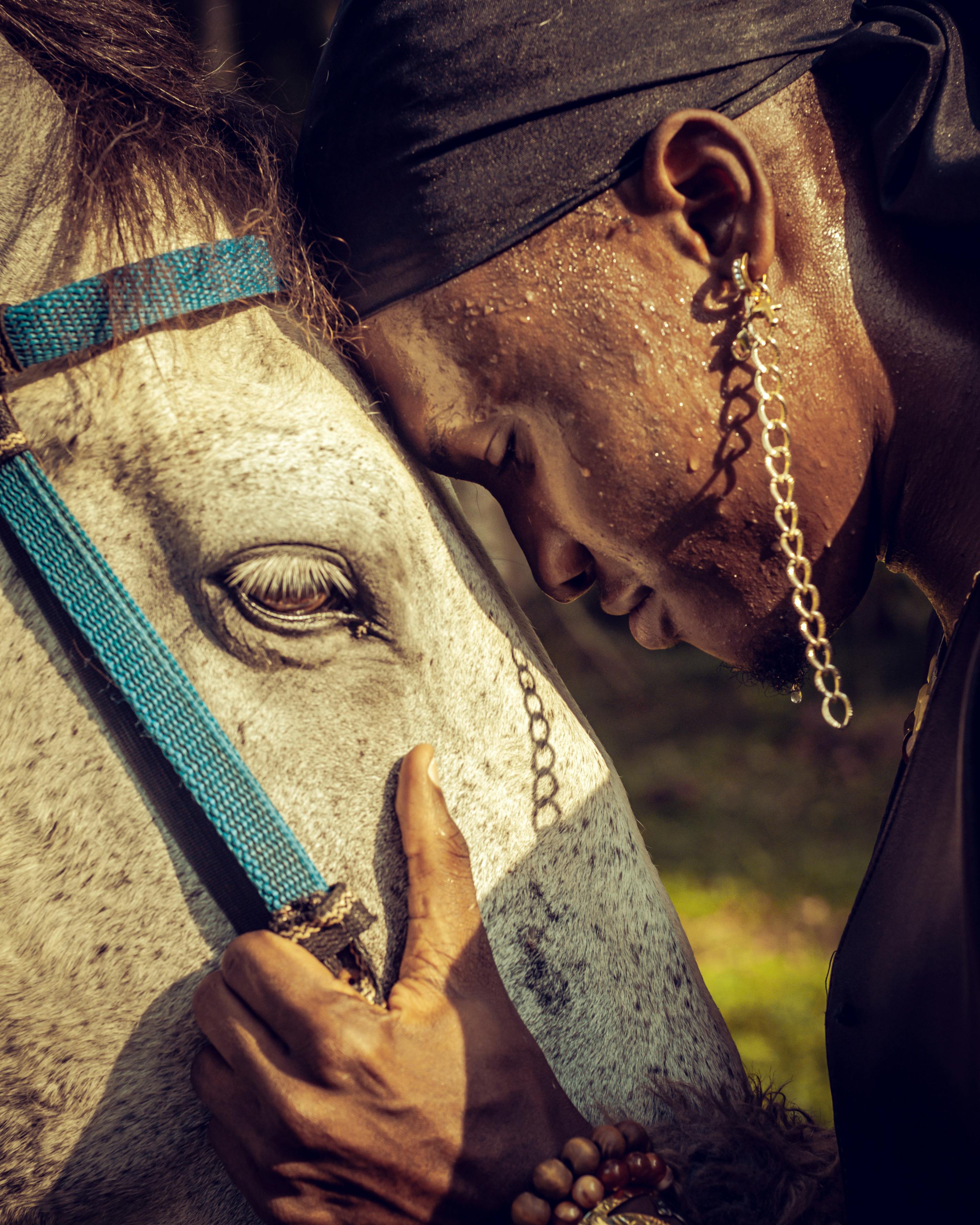 a person face to face with a horse