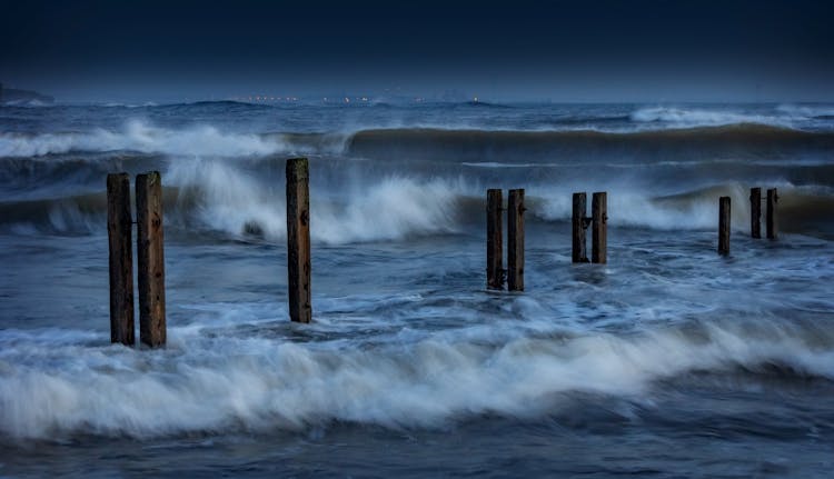 Brown Wooden Posts On Sea 