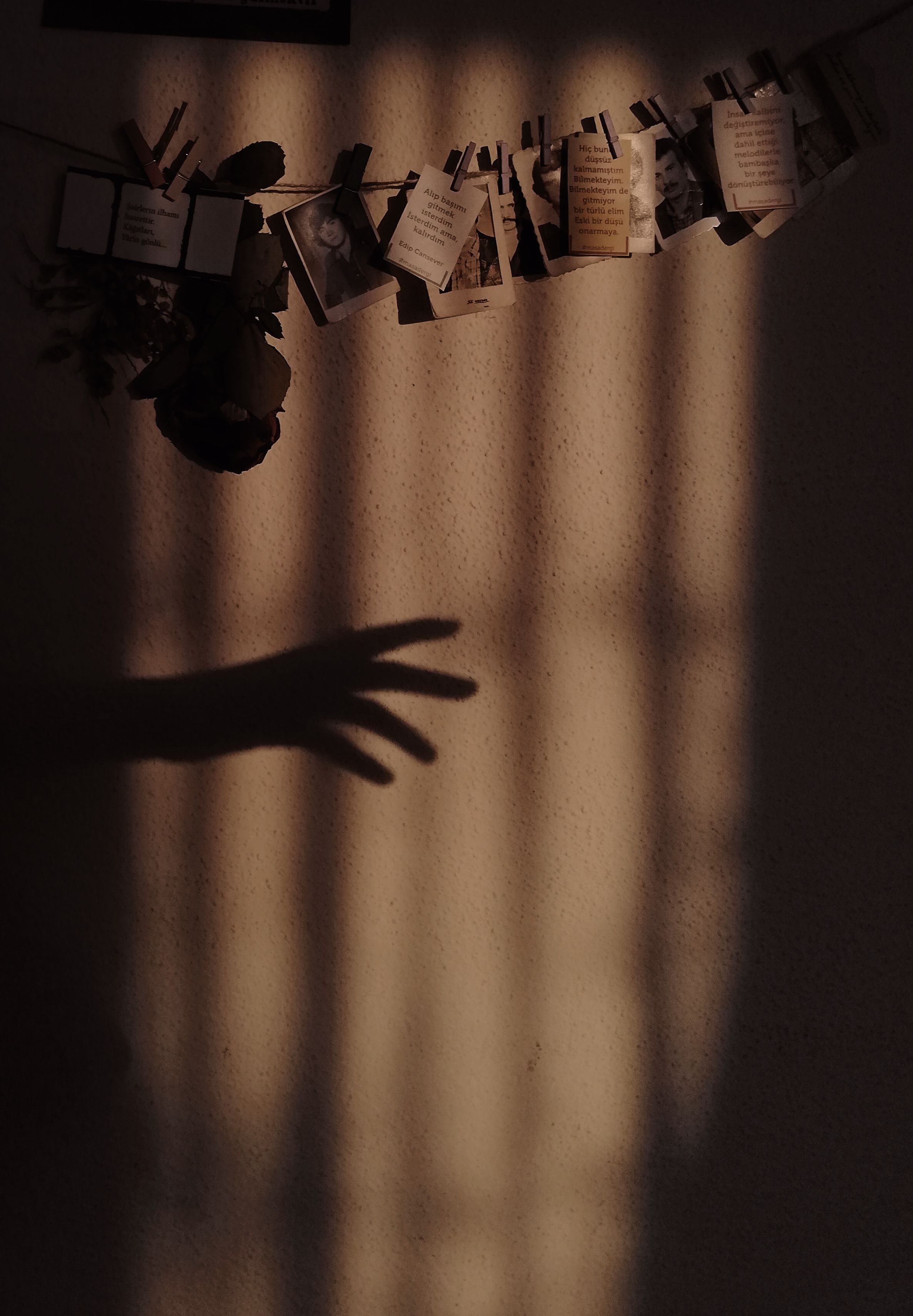 A dramatic shadow of a hand reaching towards vintage photos clipped on a string against a textured wall.