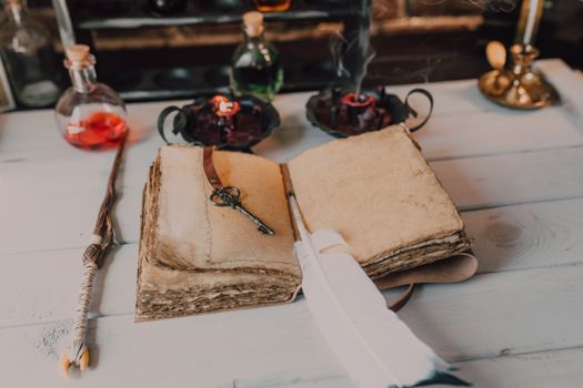 Magical setup featuring ancient spellbook, wand, and potions, creating a mystical atmosphere.