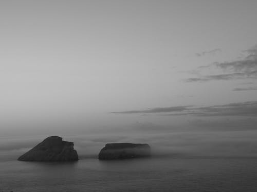 Grayscale Photo of Rocks on the Sea