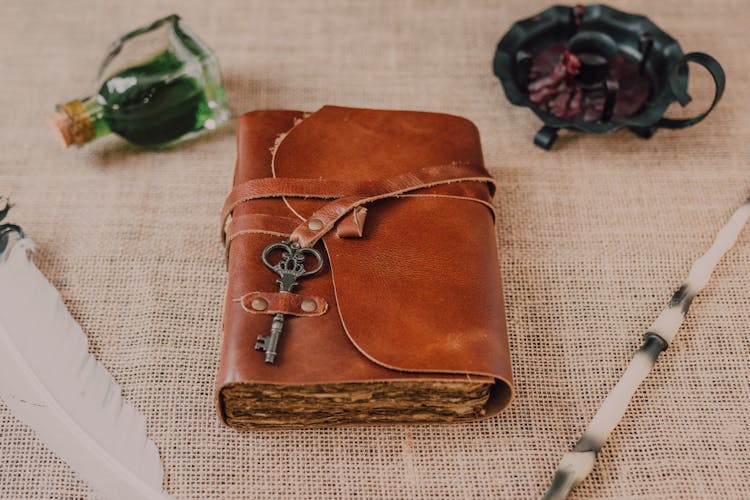 Close-Up Shot Of A Spell Book Beside A Wand