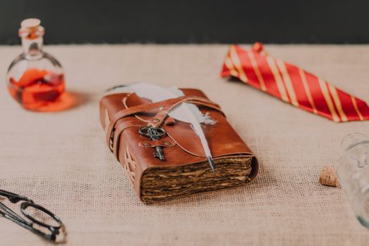 Close-Up Shot of a Spell Book and a Quill
